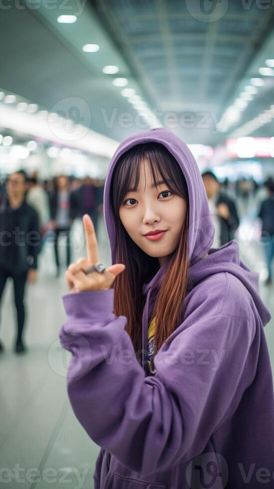 ai génératif fille prendre une selfie à le aéroport mode de vie La technologie et transport concept photo