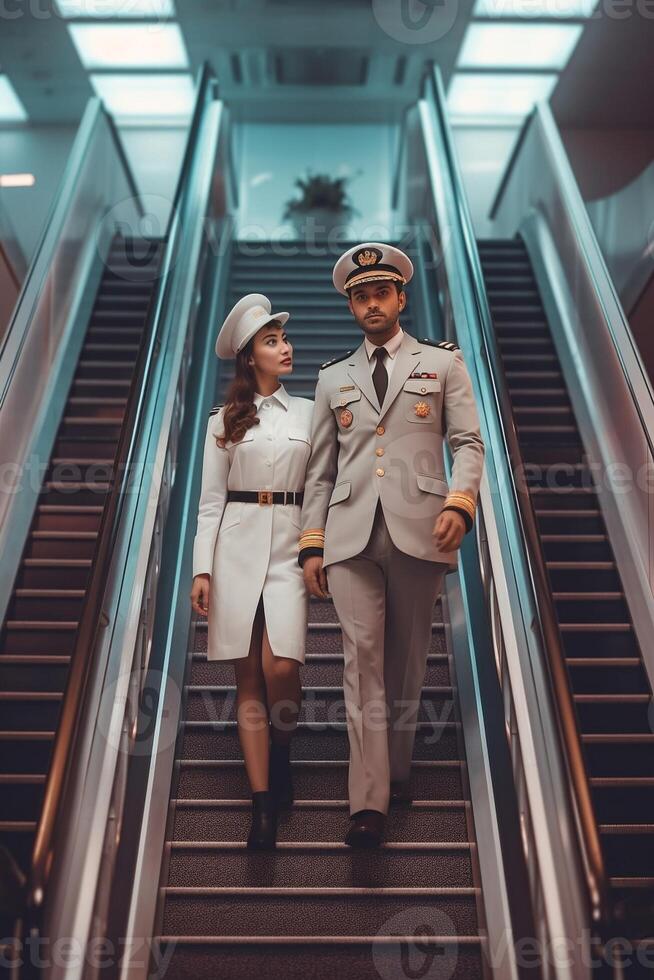 ai génératif aimant couple sont prêt à aller pour leur vacances elles ou ils saluer le pilote transport et vacances concept photo