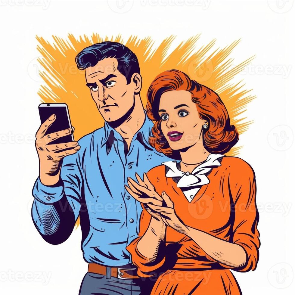 ai génératif Jeune couple est en train de regarder leur téléphone intelligent gens mode de vie et La technologie concept photo