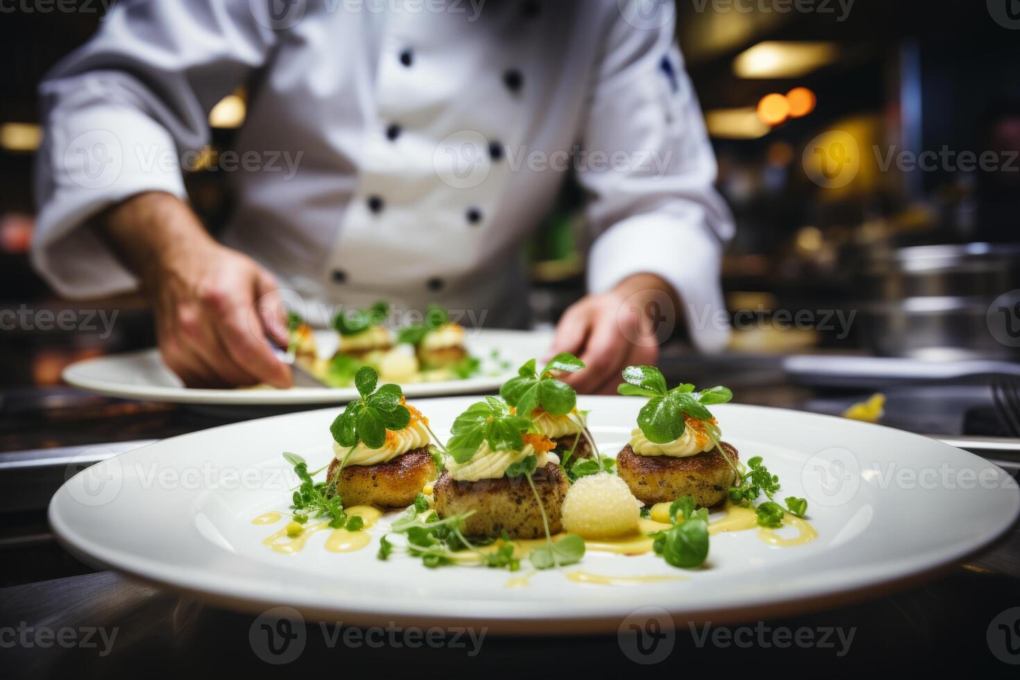 ai généré Maître chef cuisinier homme mains précisément cuisine pansement en train de préparer savoureux Frais délicieux l'eau à la bouche gourmet plat nourriture sur assiette à les clients 5 étoiles Michelin restaurant cuisine fermer photo