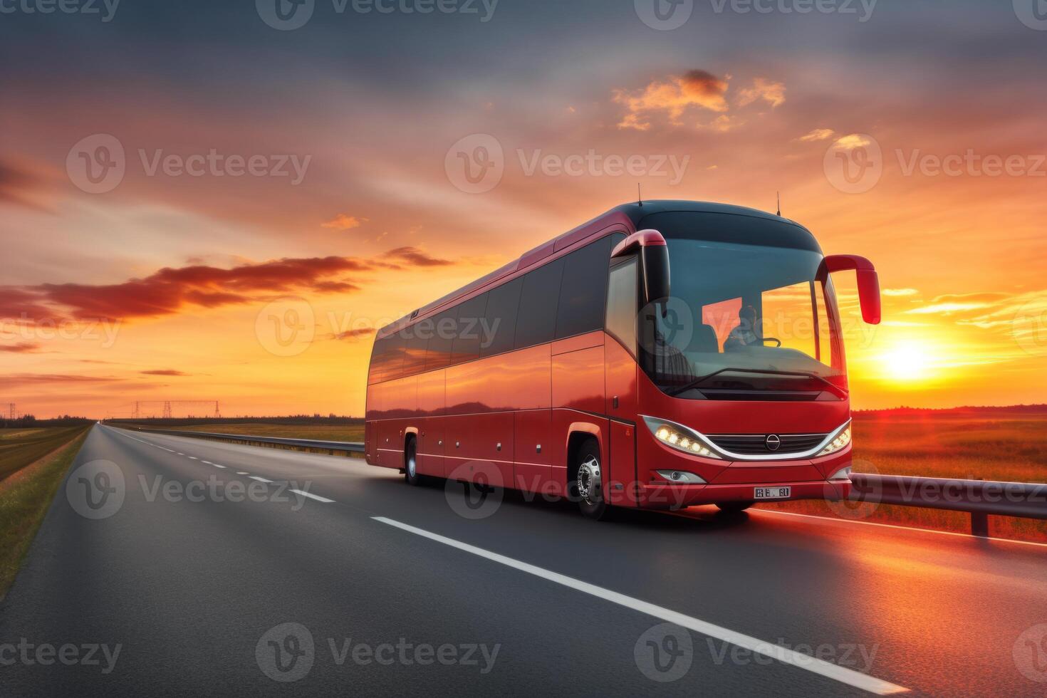 ai généré touristique entraîneur autobus sur Autoroute route interurbain régional national transport conduite Urbain moderne tour en voyageant Voyage périple balade en mouvement transport concept Publique confortable photo