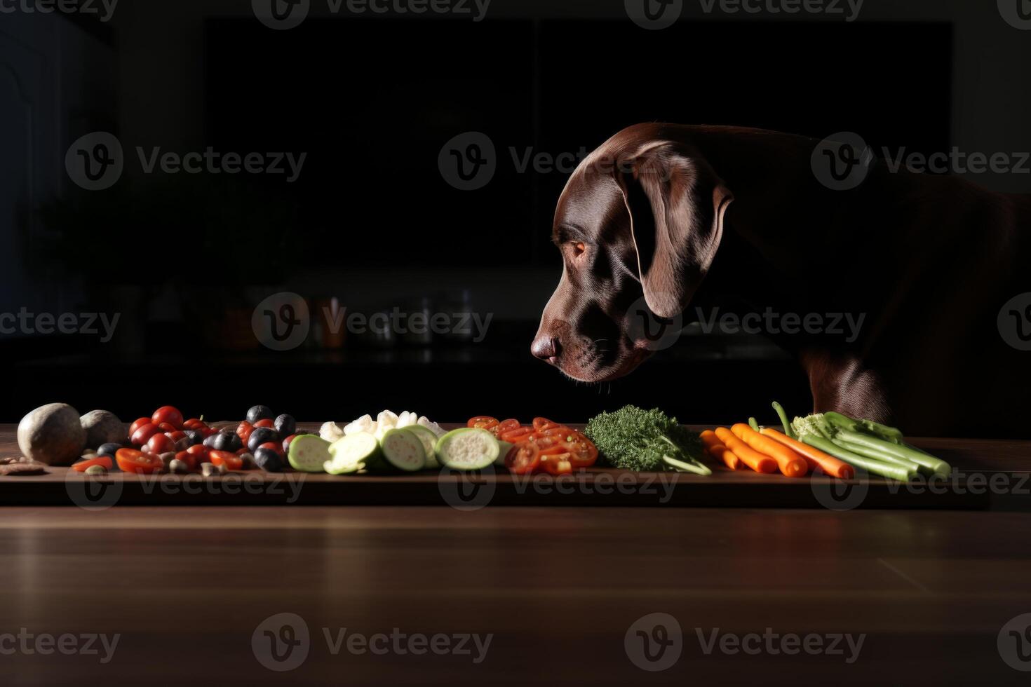 ai généré faim marron Labrador retriever chien mange en mangeant renifle Naturel nourriture chiot grimpe table Frais des légumes Accueil cuisine. en bonne santé animal animal de compagnie se soucier vétérinaire vitamines végétarien régime nutrition photo