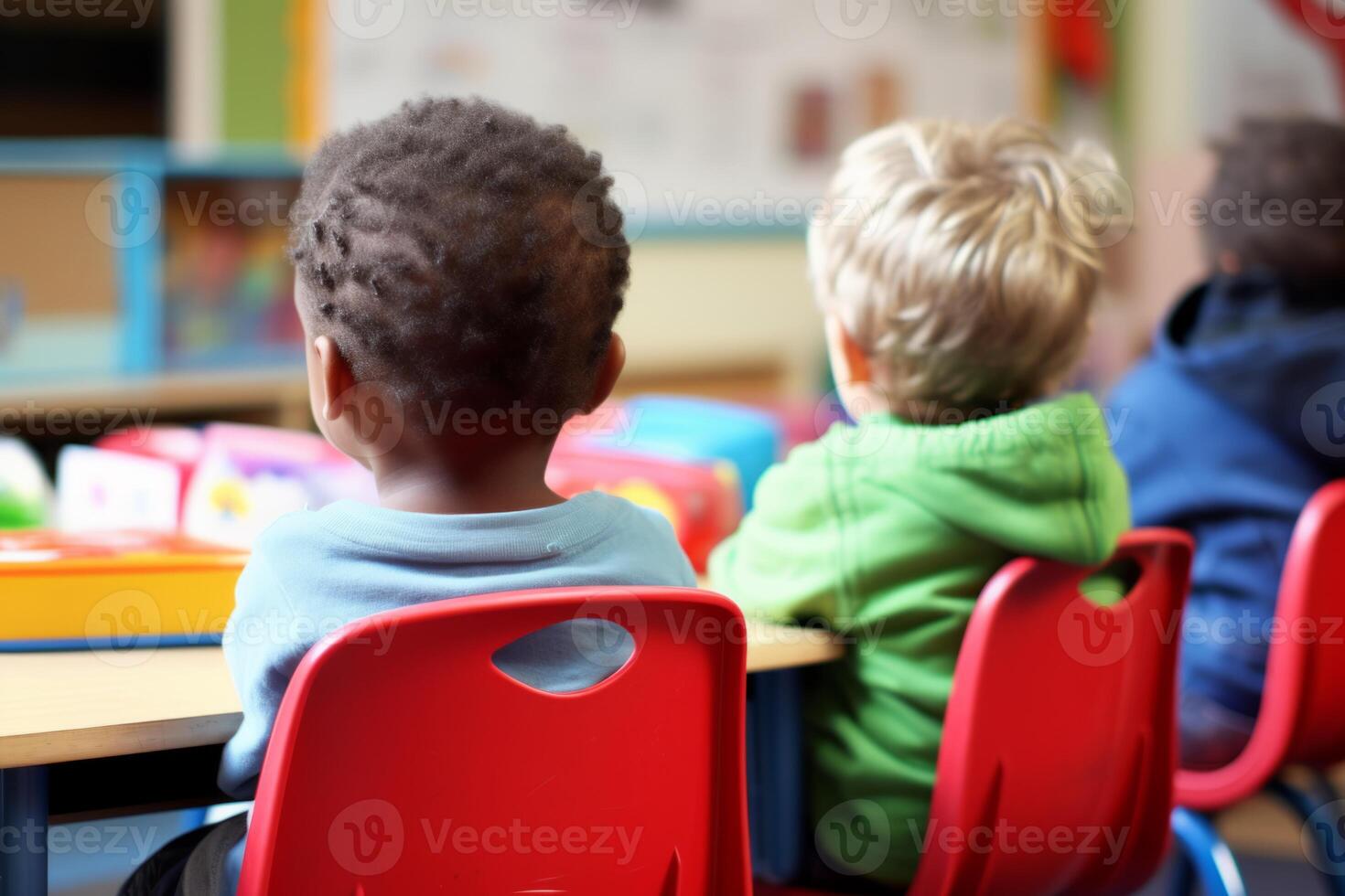 ai généré content mignonne africain américain garçon intéressé écoliers souriant interagir élémentaire élèves dans Salle de classe. des gamins préscolaire Jardin d'enfants primaire école les enfants séance en train d'étudier leçon photo