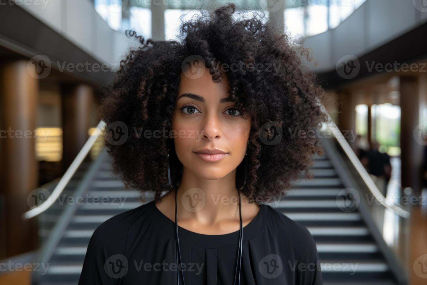 ai généré portrait sérieux sur de soi réussi africain américain femme d'affaires Dame prof professeur à la recherche caméra à l'intérieur. la finance directeur professionnel femelle juge avocat chef avocat Bureau photo