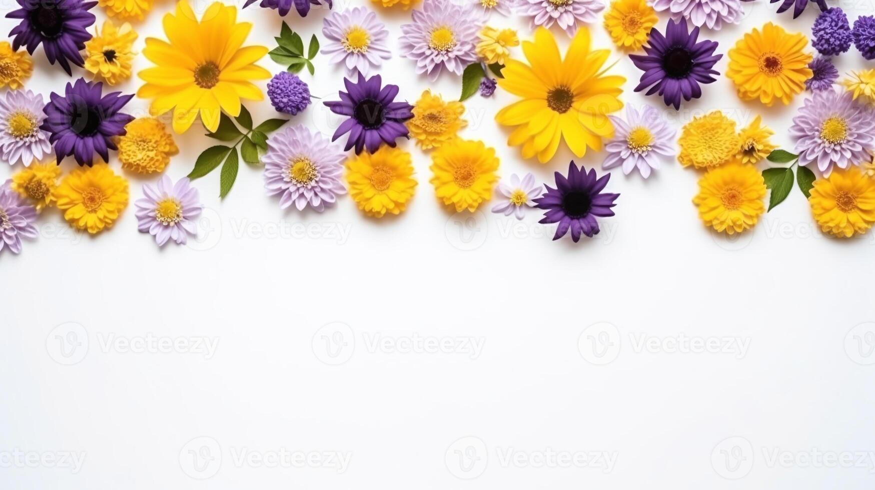 ai généré vibrant fleur bannière, coloré marguerites avec espace de copie, Haut voir, parfait pour faire-part, arrière-plans, printemps thèmes. photo