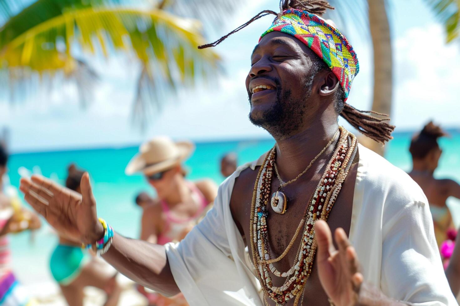 ai généré africain homme dans le traditionnel vêtements dansant sur le plage bokeh style Contexte avec génératif ai photo