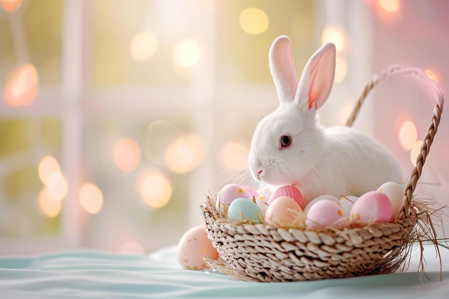 ai généré une mignonne lapin avec coloré pastel Pâques des œufs panier bokeh style Contexte avec génératif ai photo