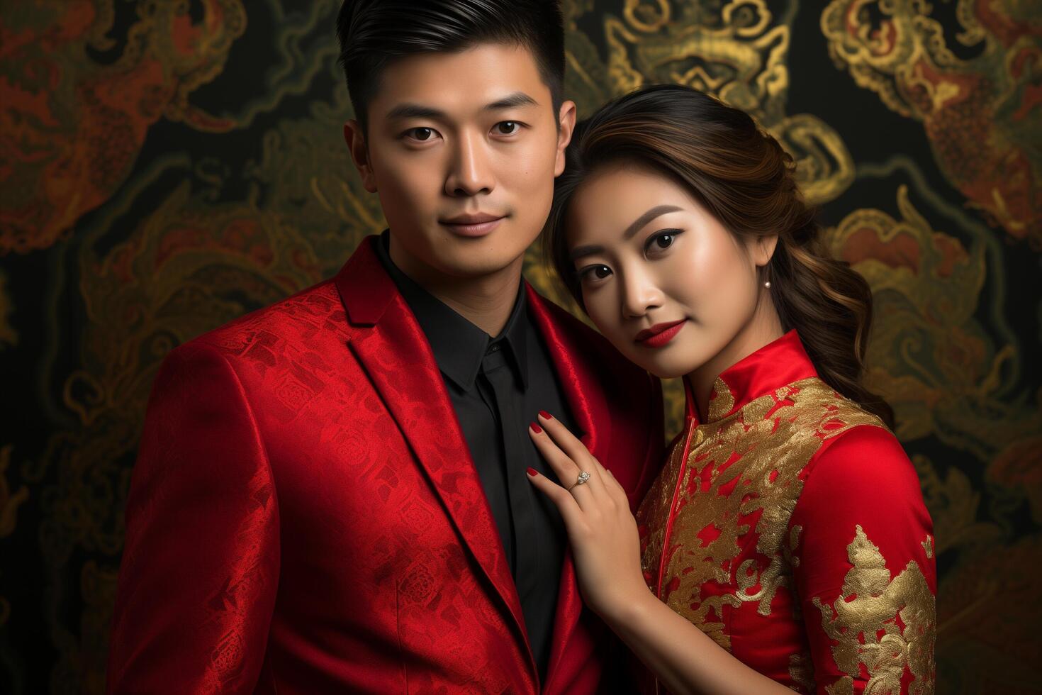 ai généré chinois couple dans traditionnel vêtements avec génératif ai photo