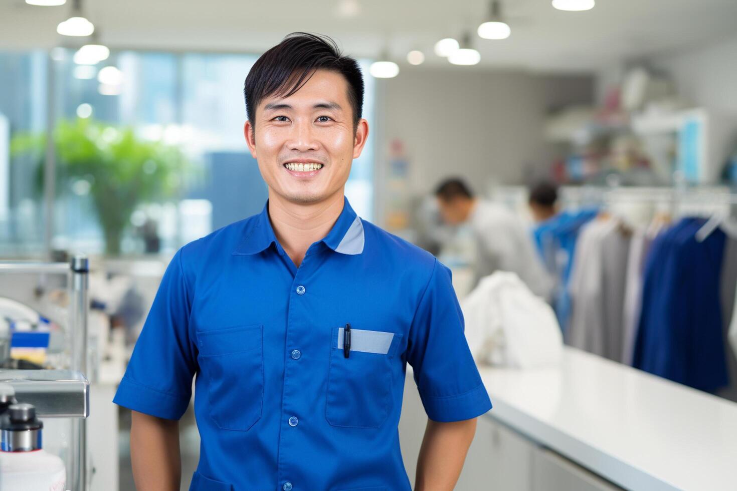 ai généré asiatique dépanneur souriant à blanchisserie magasin bokeh style Contexte avec généré ai photo