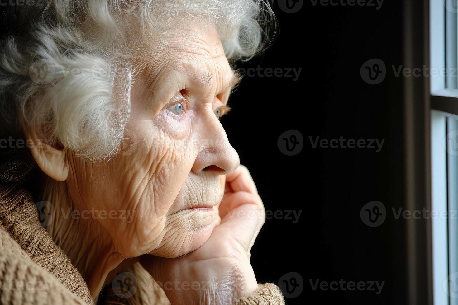 ai généré proche en haut portrait de une réfléchi grand-mère. ai généré photo