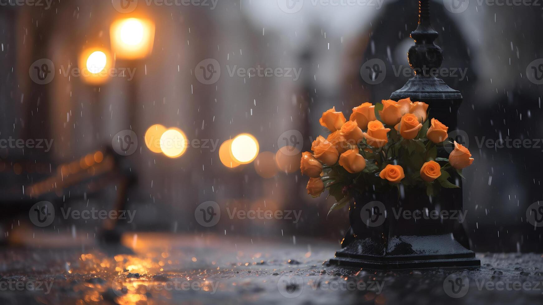 ai généré pluvieux funéraire avec Jaune fleurs bouqet avec bokeh, neural réseau généré photoréaliste image photo