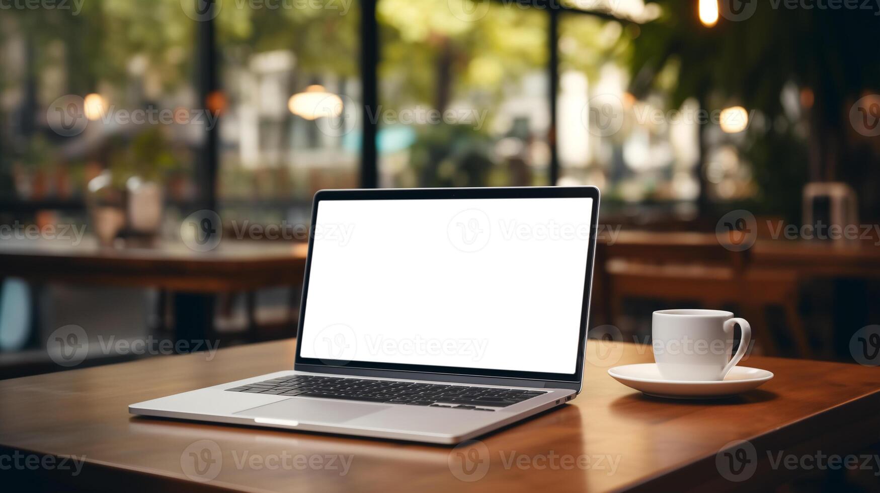 ai généré Vide écran portable ordinateur sur café bureau, Vide écran pour produit afficher, moquer en haut, génératif ai. photo