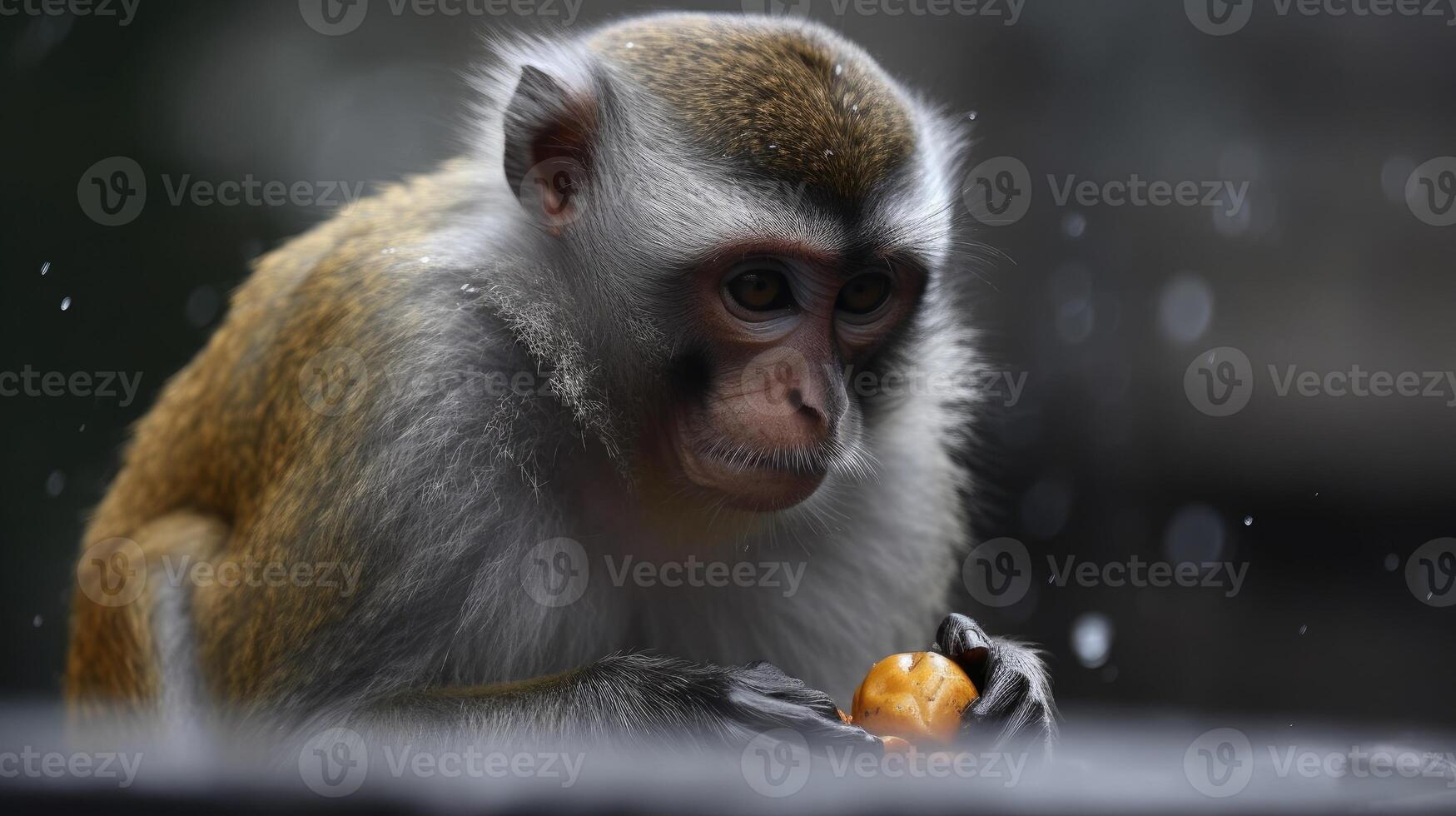 ai généré réfléchi singe envisage la vie tandis que en portant fruit, entouré par l'eau gouttelettes et une foncé ambiance photo