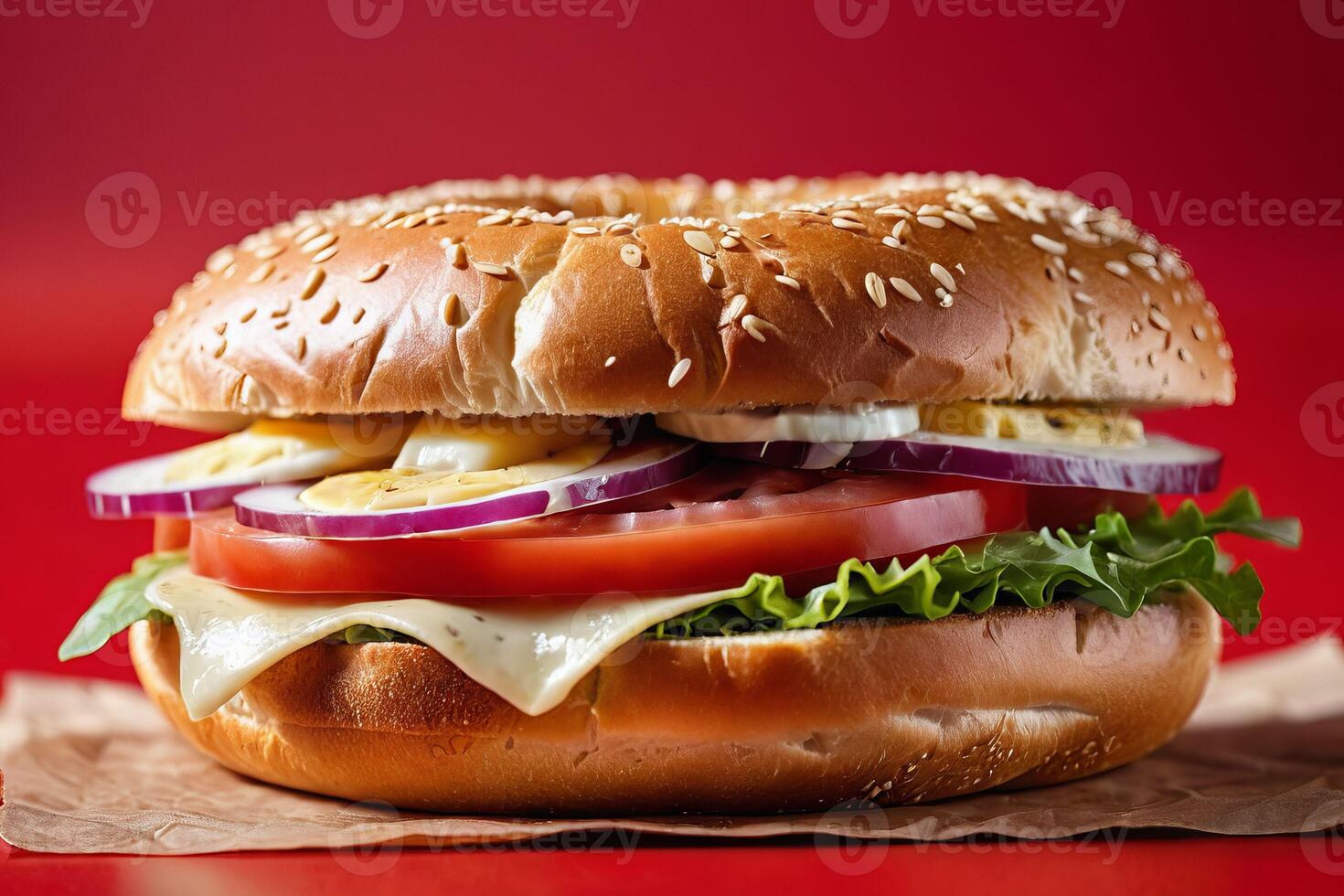 ai généré Frais beignet avec fromage et tomate sur rouge Contexte photo