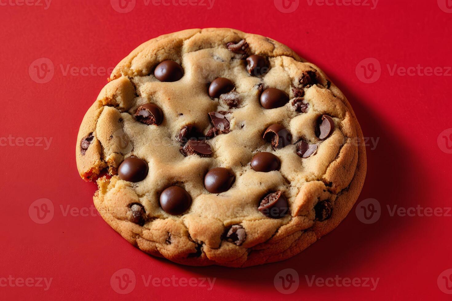 ai généré géant Chocolat puce biscuit sur rouge photo