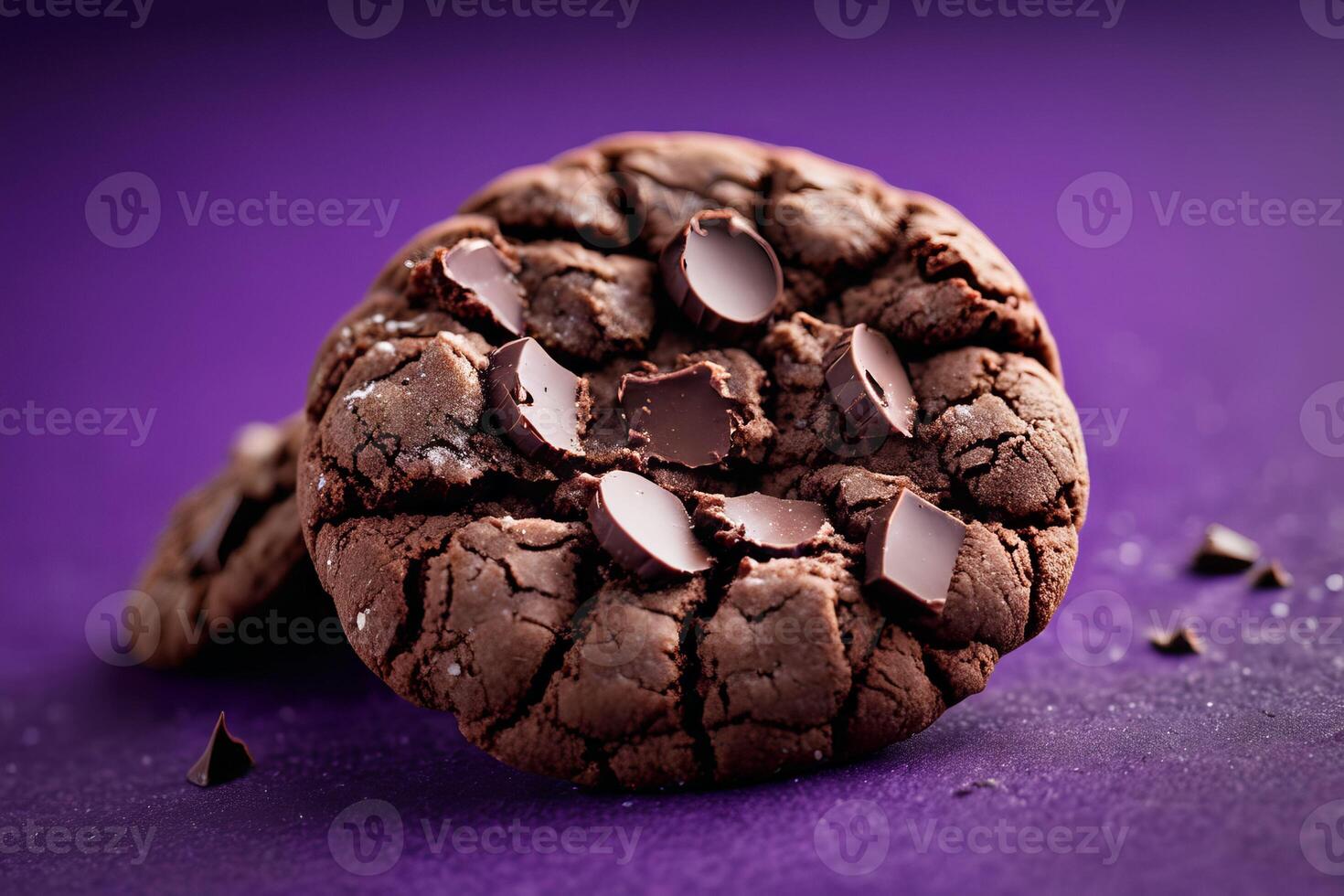 ai généré riches Chocolat gondoler biscuit avec visible morceaux sur violet photo