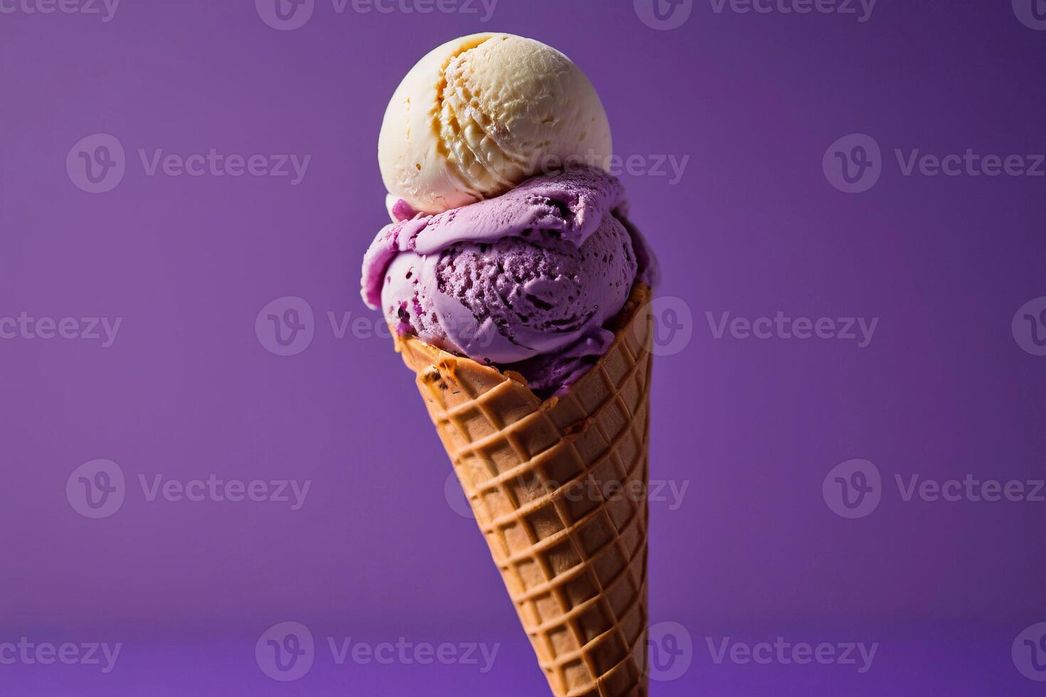 ai généré vanille et violet la glace crème boules dans gaufre cône photo