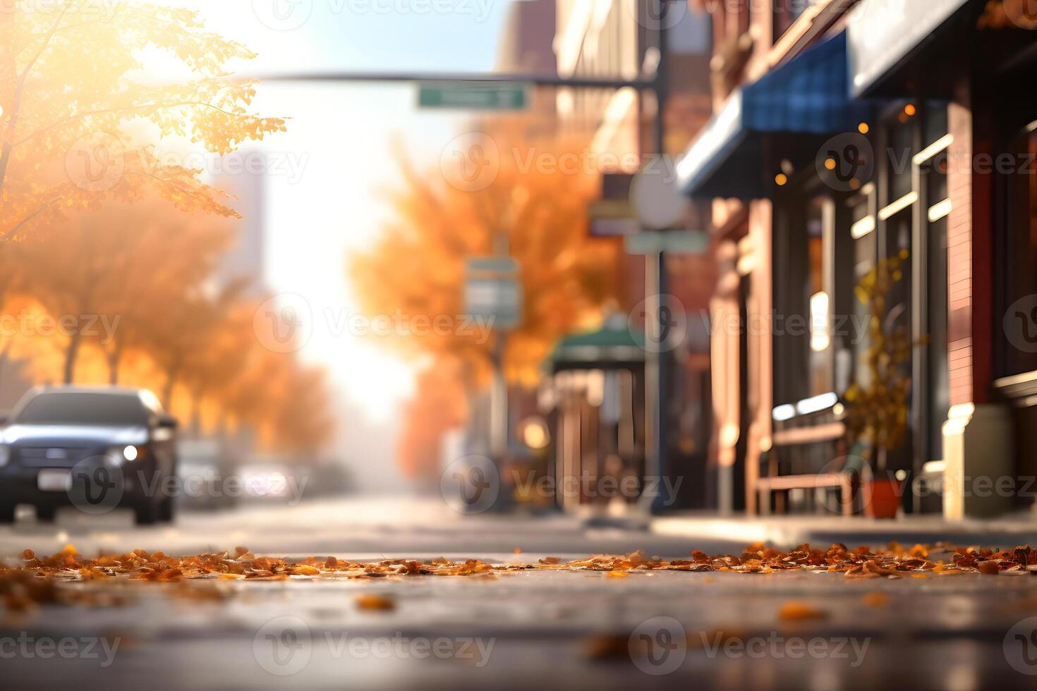 ai généré américain centre ville rue vue à l'automne Matin , neural réseau généré image photo