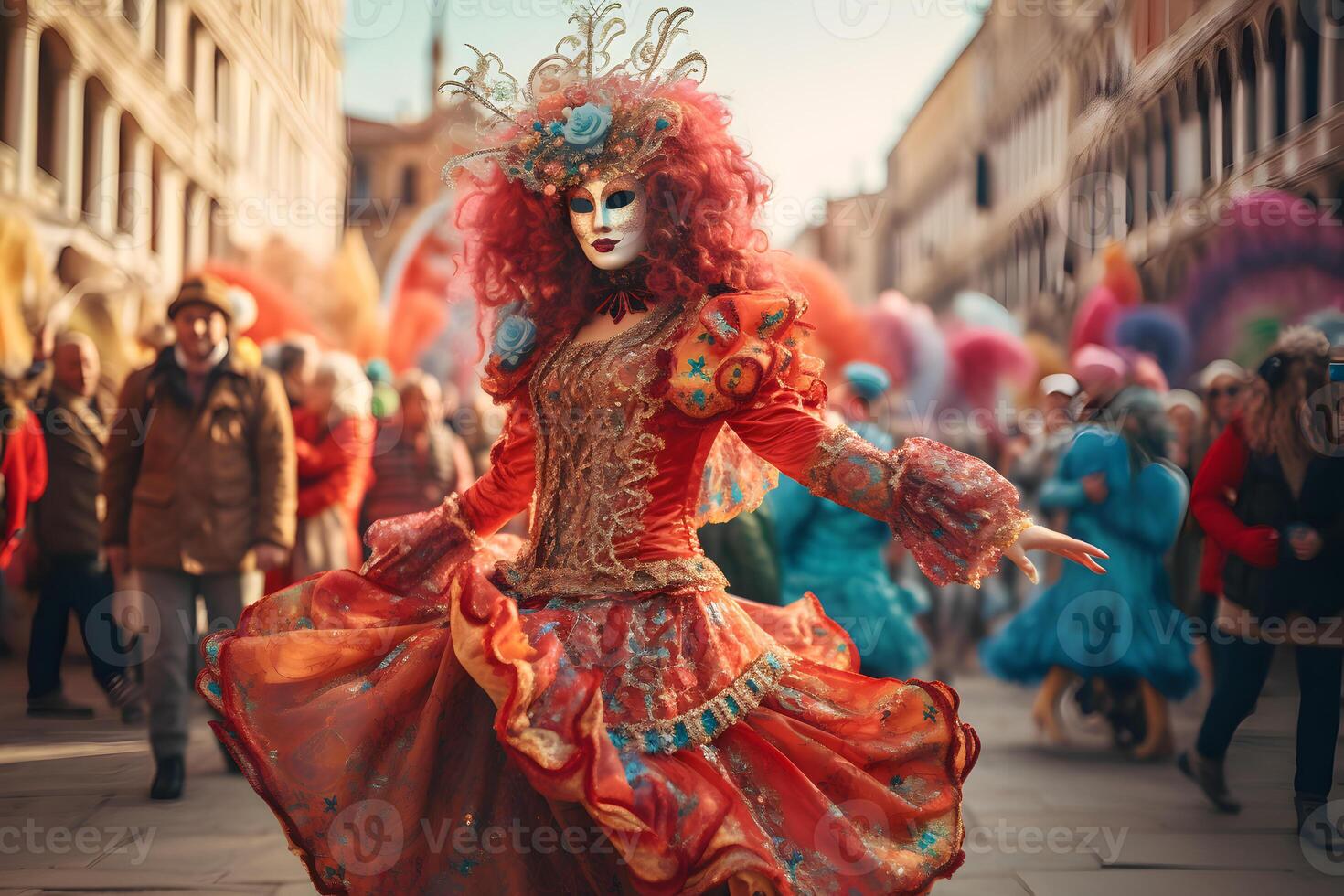 ai généré magnifique fermer portrait de Jeune femme dans traditionnel vénitien carnaval masque et costume, dansant à le nationale Venise Festival dans Italie. photo