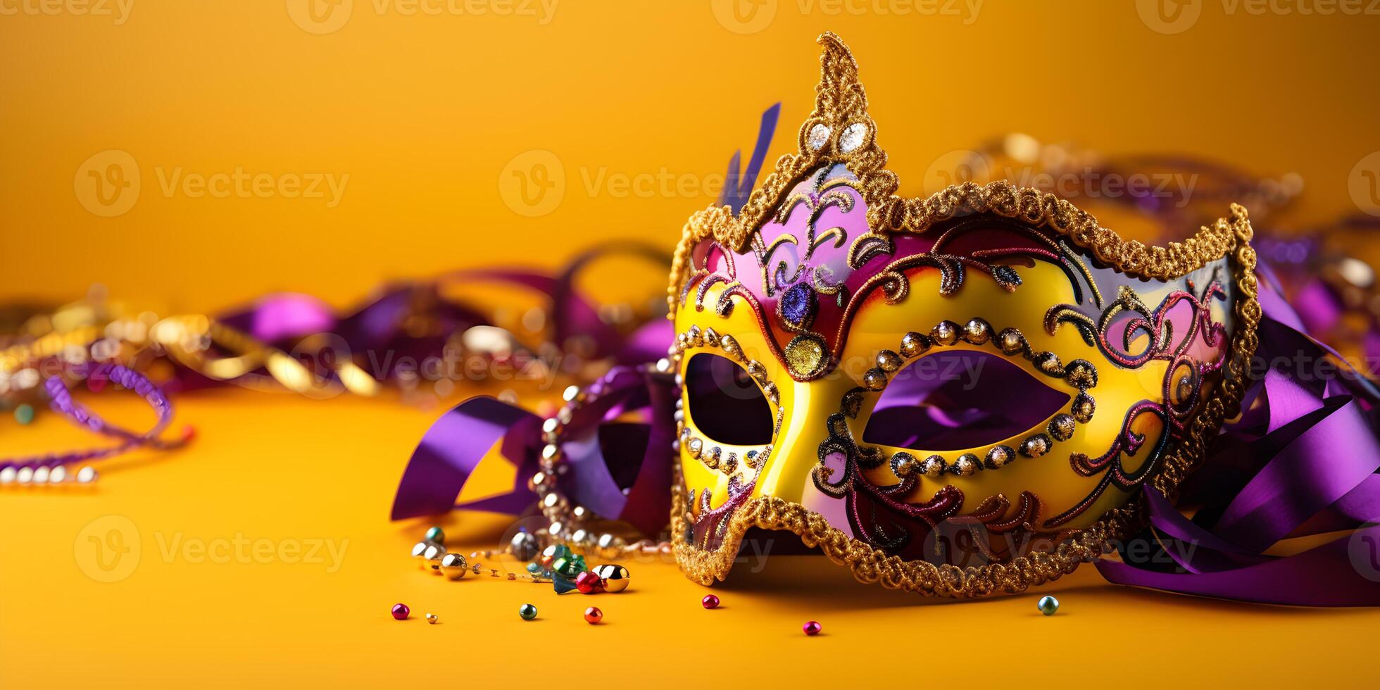 ai généré coloré traditionnel vénitien ou mardi gras carnaval masque avec décoration pour nationale Festival fête sur Jaune Contexte avec copie espace. photo