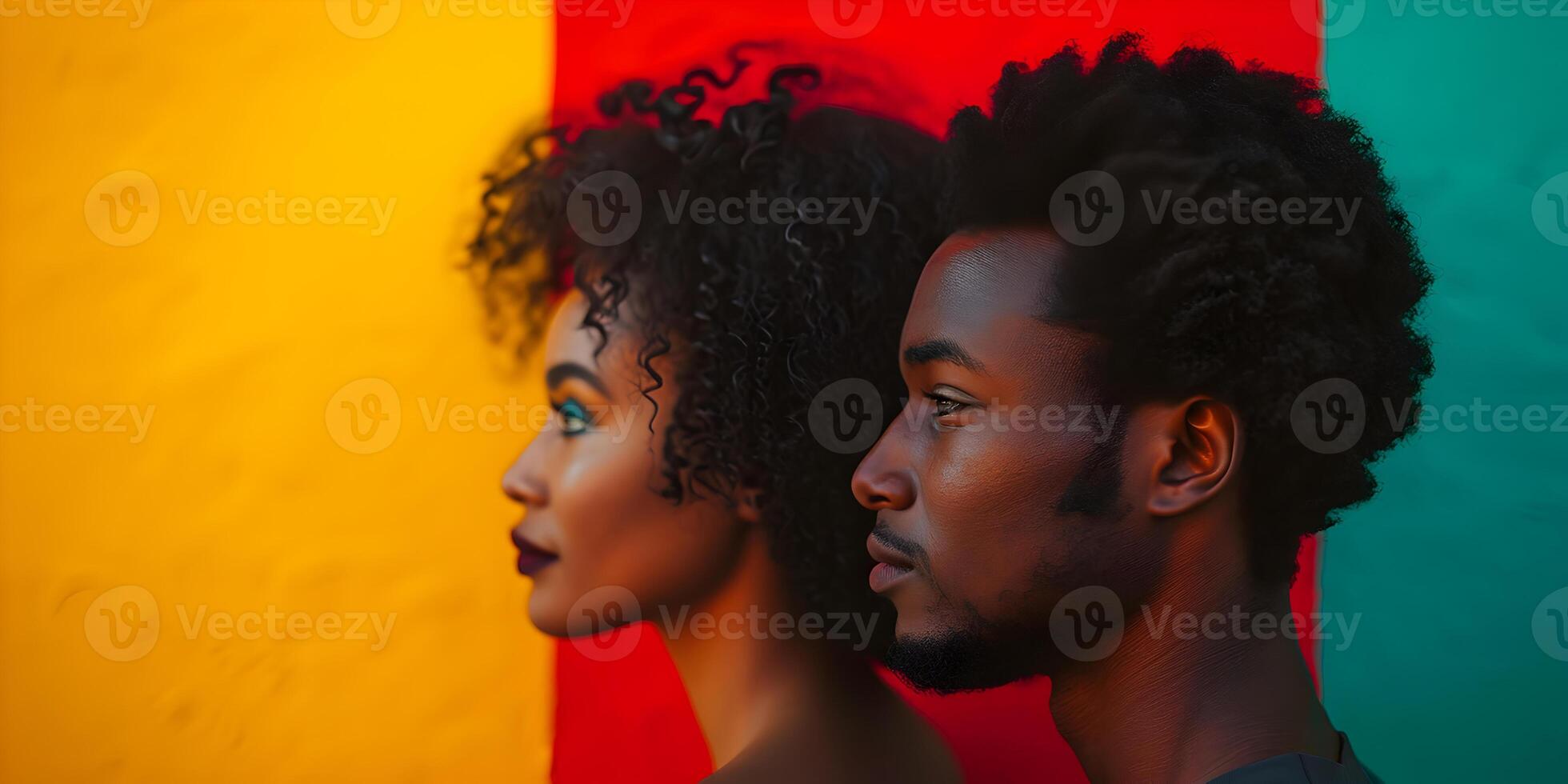 ai généré noir histoire mois bannière avec Afro-américain couple portrait dans profil plus de rouge Jaune vert noir couleurs Contexte. juneteenth liberté journée fête, africain libération journée. photo