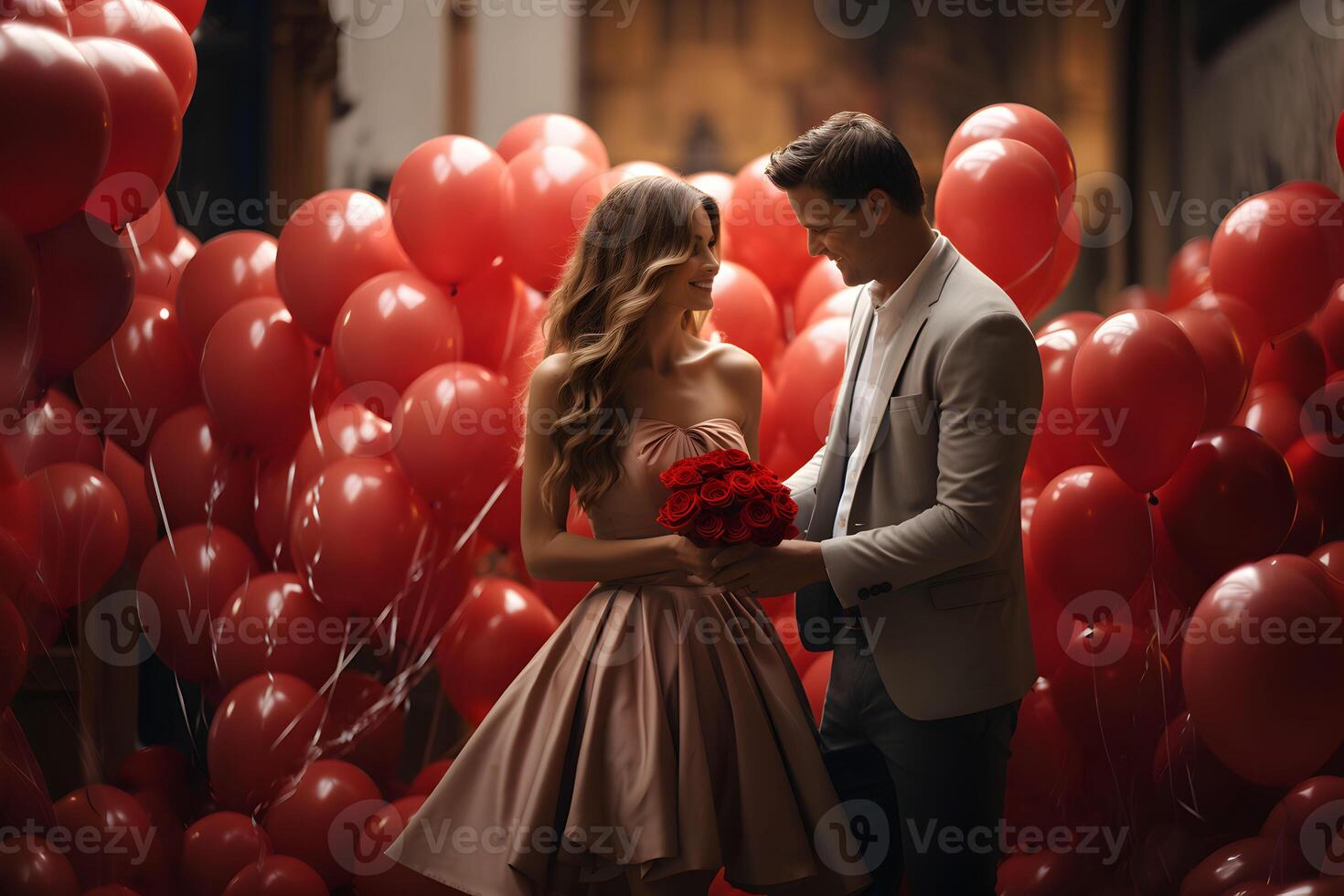 ai généré Jeune couple dans l'amour avec sur rouge des ballons Contexte. valentines jour, anniversaire ou un offre de mariage fête. photo