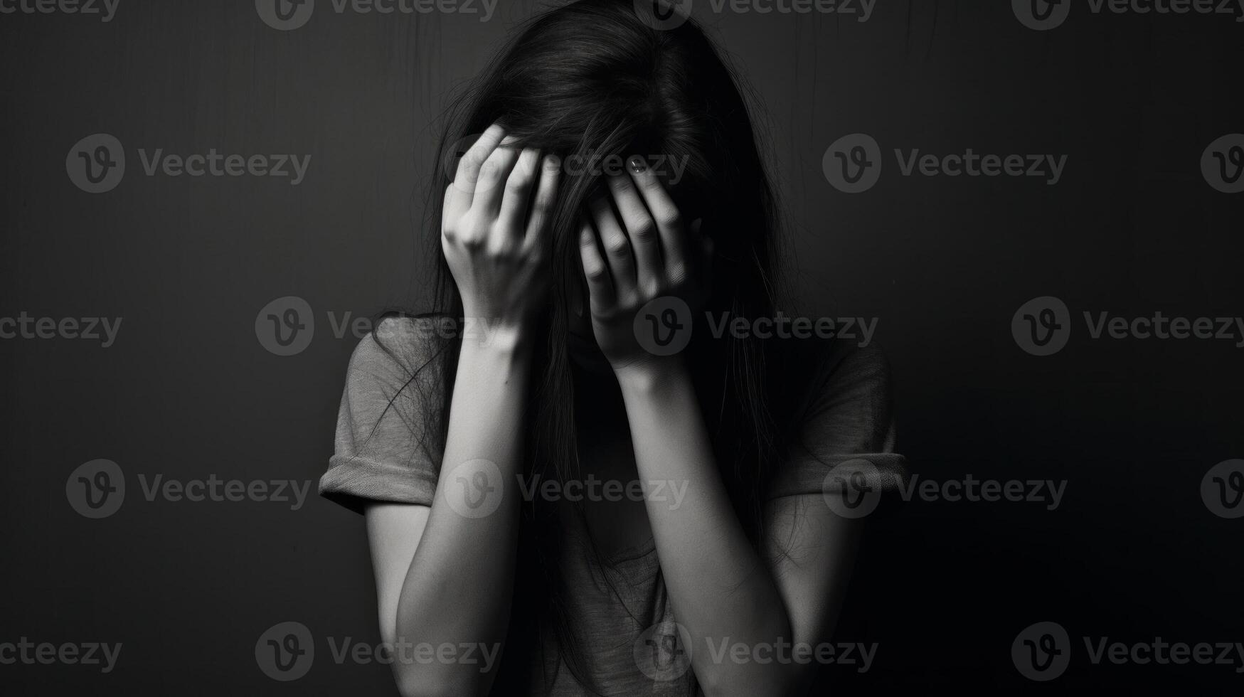 ai généré portrait de pleurs femme couvrant sa visage avec sa mains. la dépression et larmes, mal humeur, concept de problèmes photo