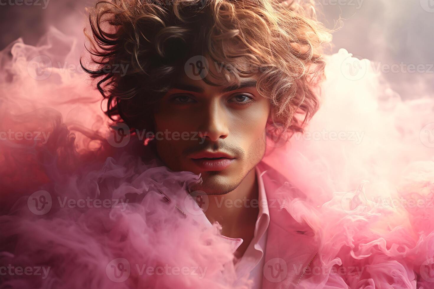 ai généré portrait de une Beau Jeune homme dans une rose enfumé nuage. photo