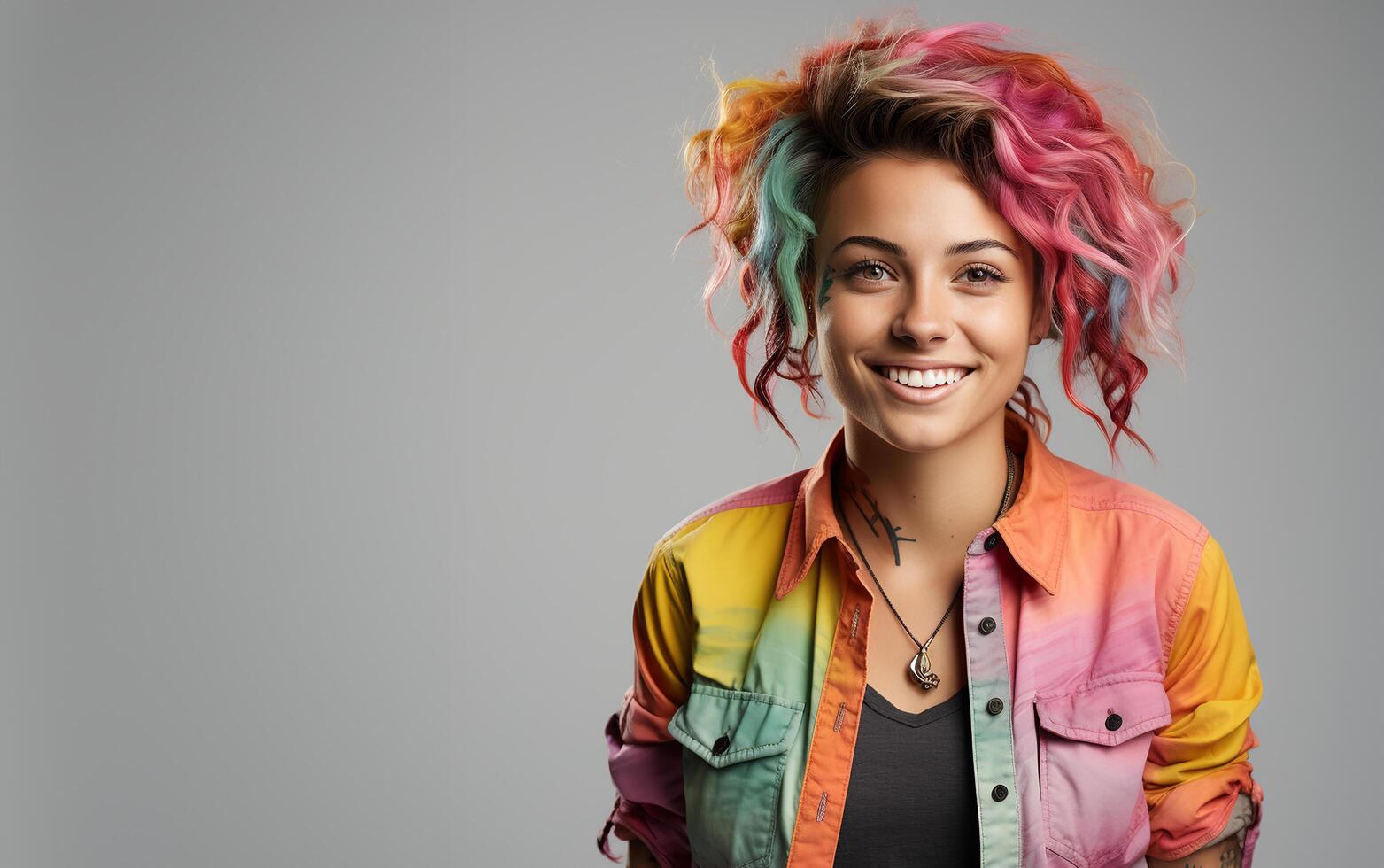 ai généré souriant africain américain femme avec coloré dreadlocks isolé sur gris. photo