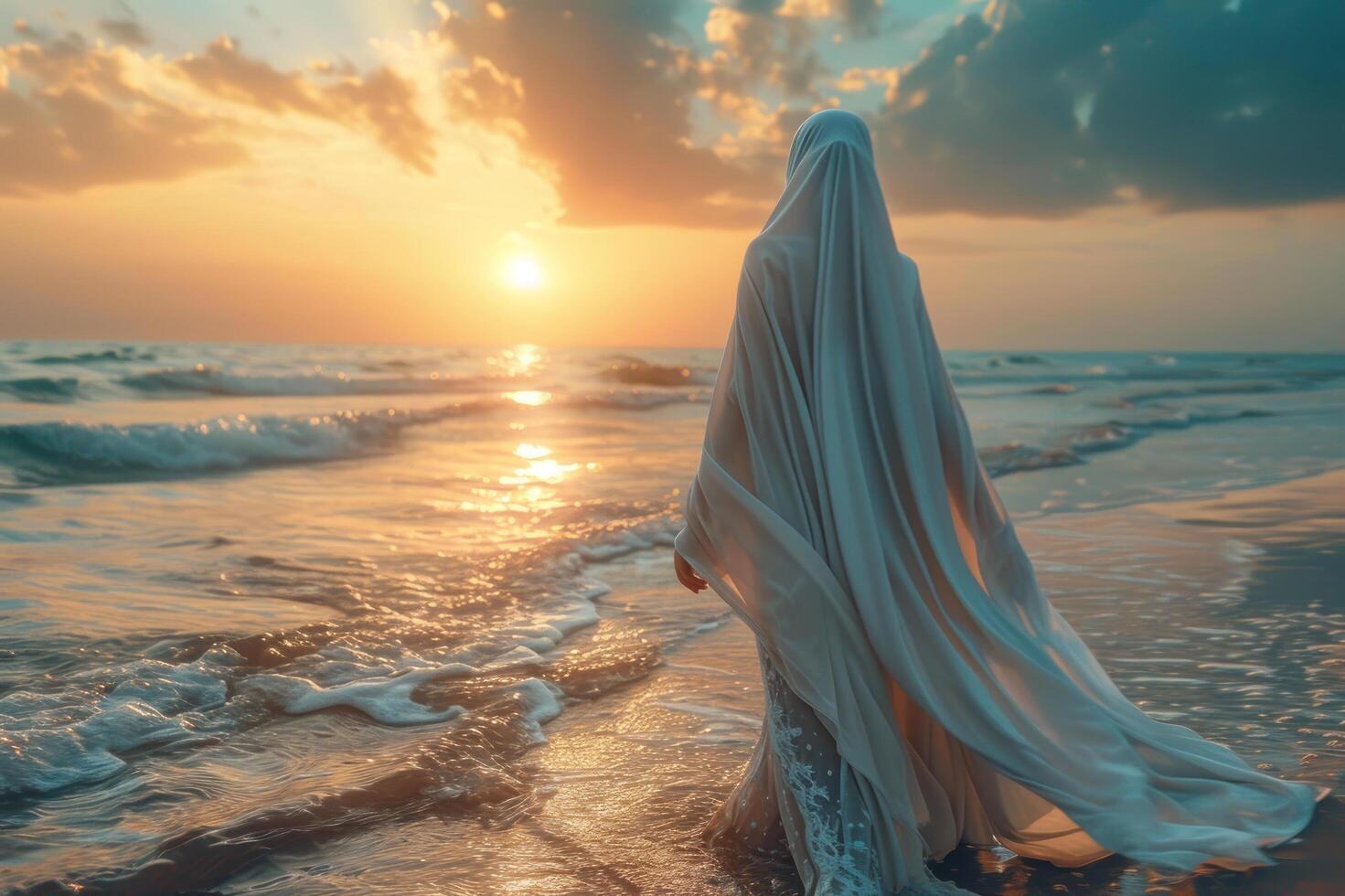 ai généré femme musulman sur le plage à le coucher du soleil temps avec copie espace photo