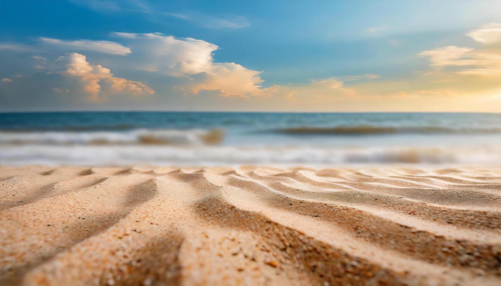 ai généré proche en haut le sable avec flou mer ciel arrière-plan, été jour, copie espace ou pour produit. été photo