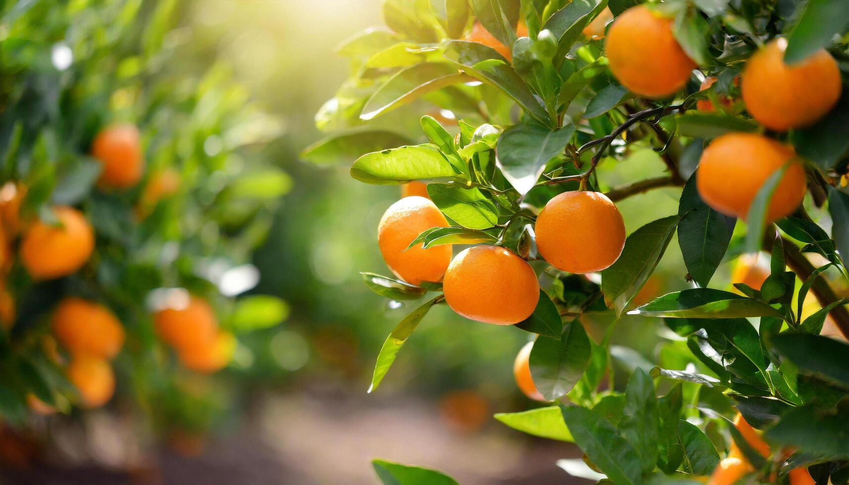 ai généré agrumes branches avec biologique mûr Frais des oranges mandarines croissance sur branches avec vert laisser Contexte photo