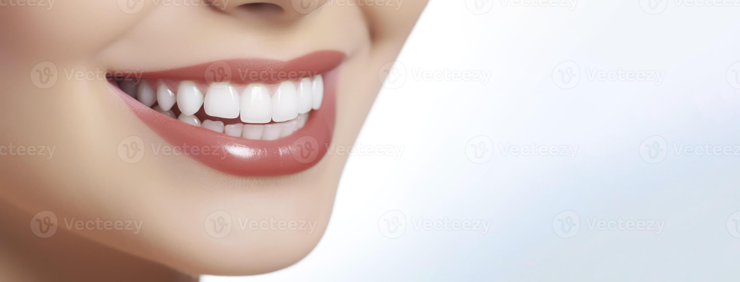 ai généré bannière magnifique Jeune femme avec en bonne santé blanc les dents sur blanc Contexte. photo