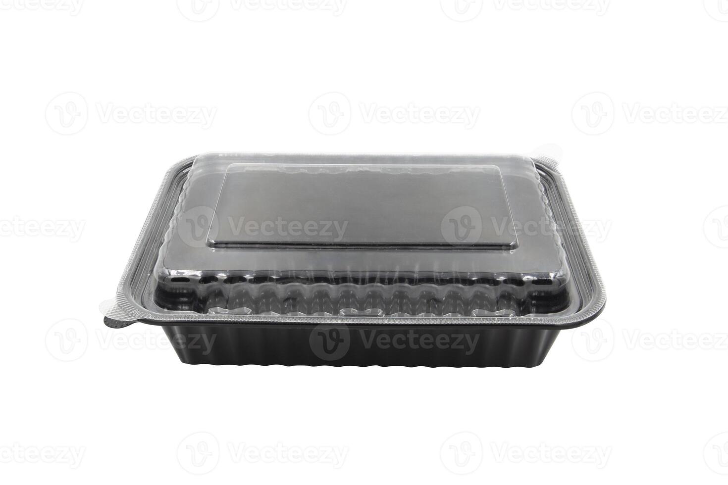 Plastique nourriture emballage plateau avec clair Plastique couverture isolé sur blanc Contexte photo