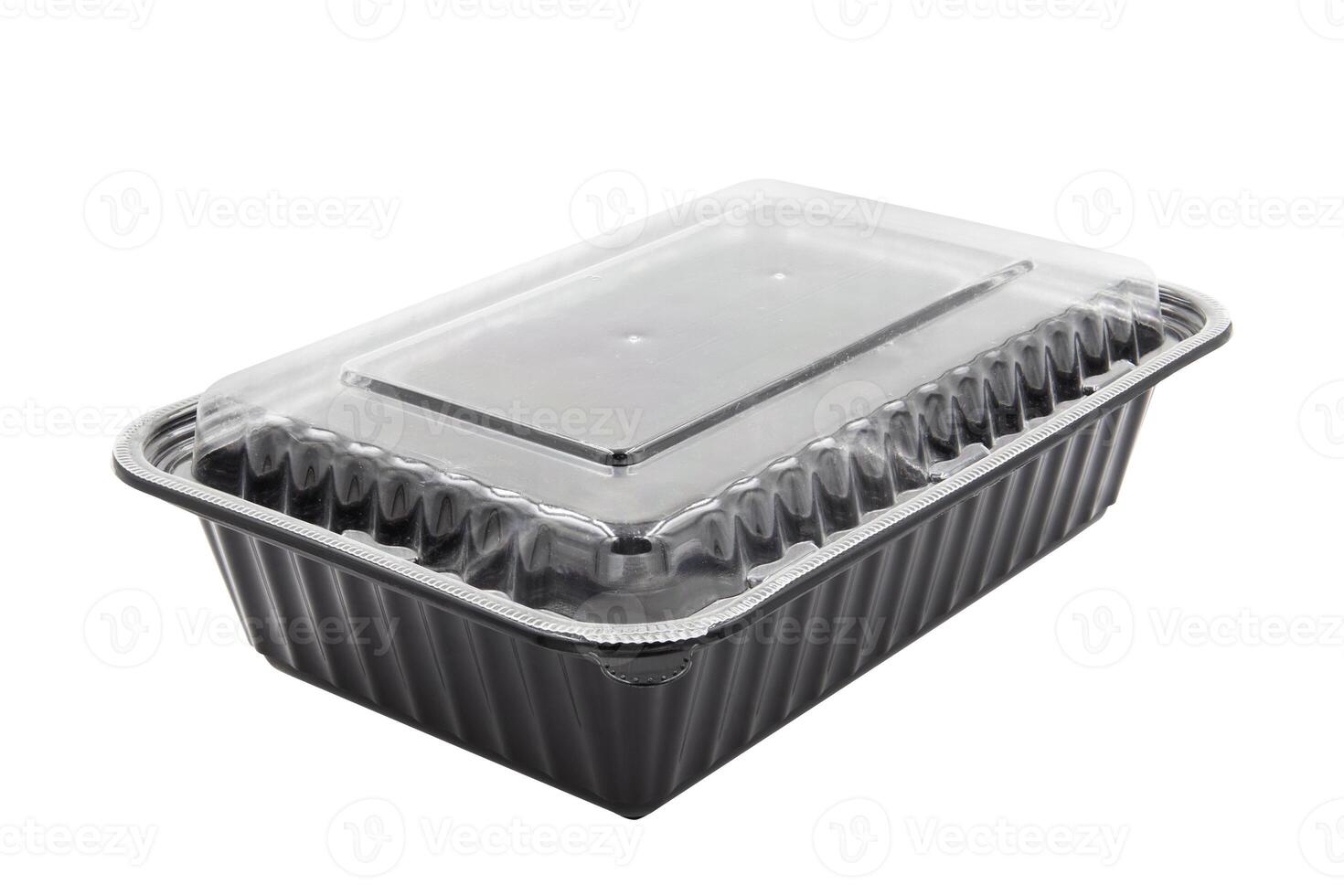 Plastique nourriture emballage plateau avec clair Plastique couverture isolé sur blanc Contexte photo