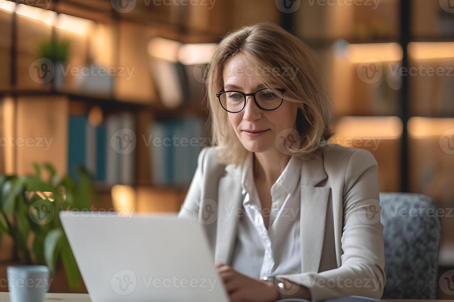 ai généré professionnel la grâce, d'âge moyen femme d'affaires engagé avec portable dans Bureau photo