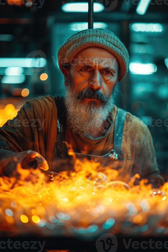 ai généré une homme est une souffleur de verre travail dans une verre usine où des produits sont établi manuellement photo