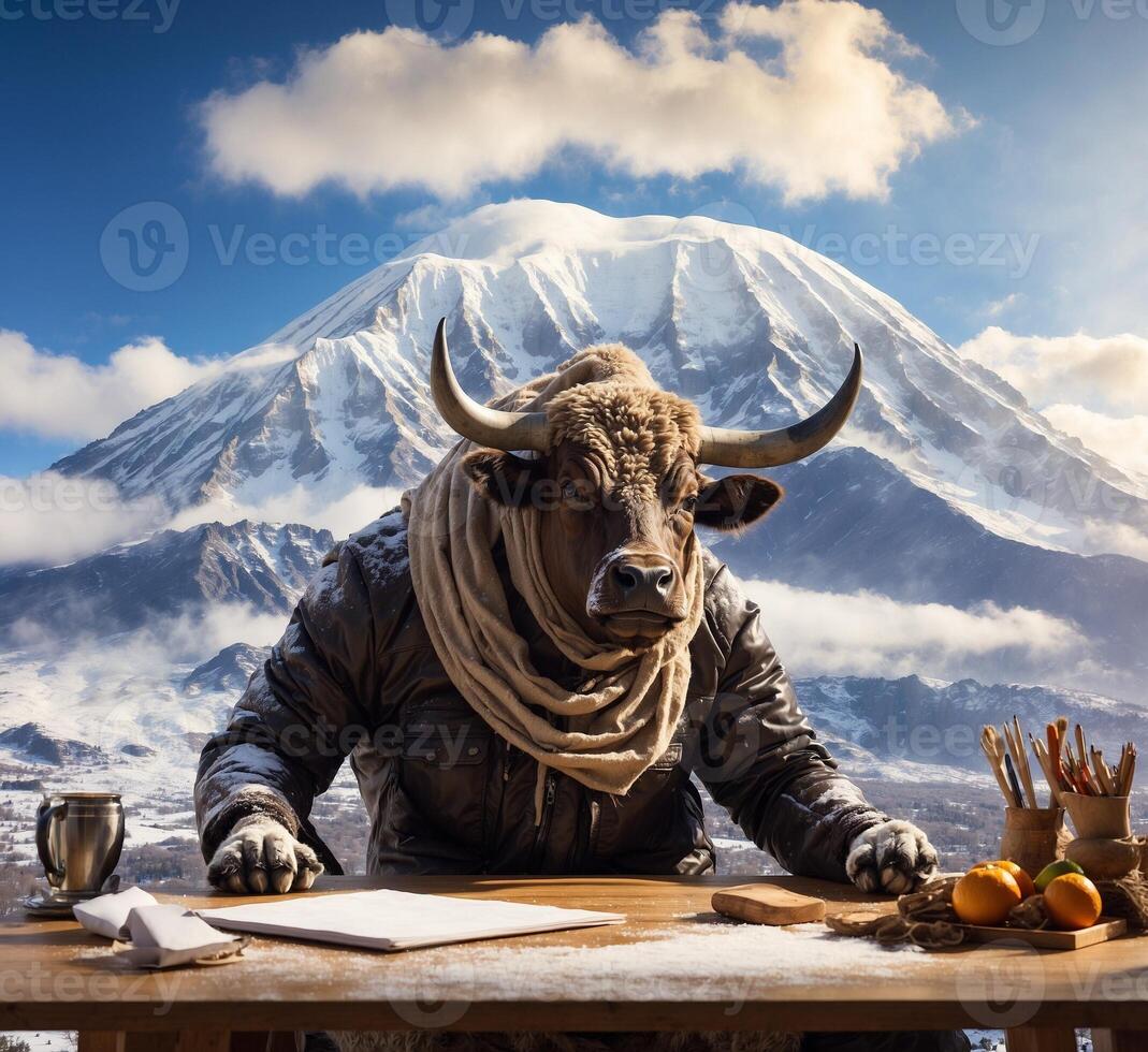 ai généré vache mascotte personnage séance à une table dans de face de mt. Fuji, Japon photo