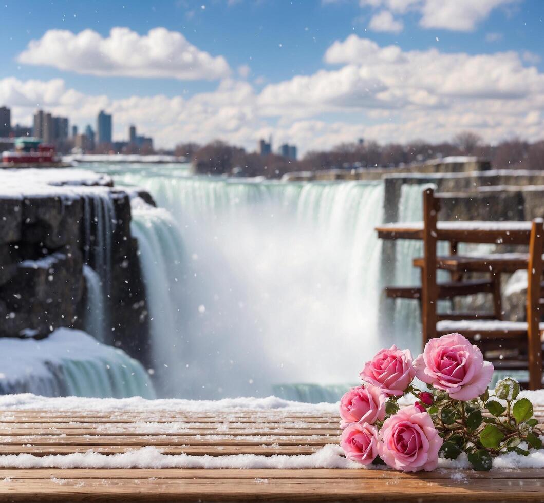 ai généré en bois table avec des roses sur Contexte de niagara chutes dans l'hiver. photo