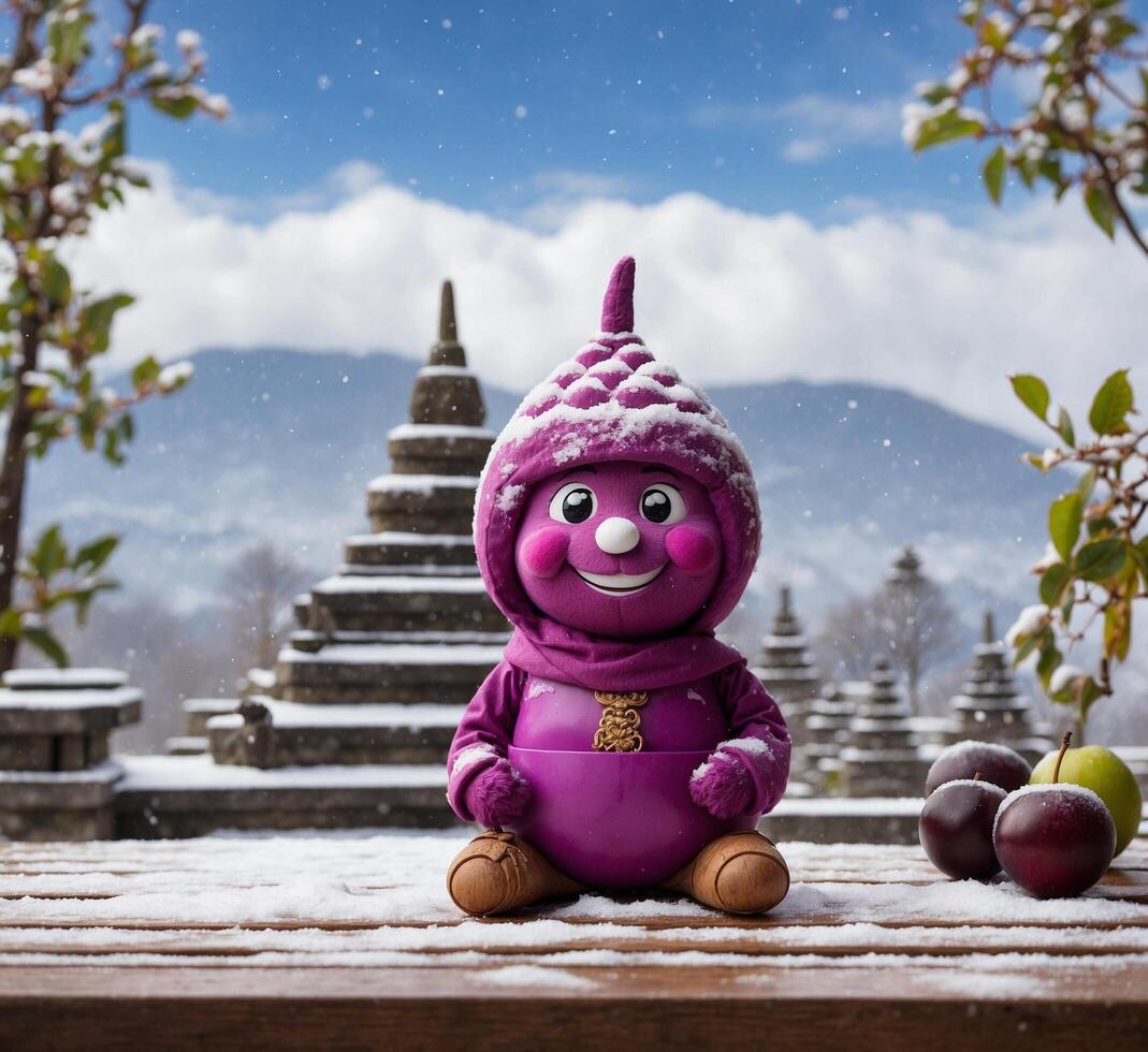 ai généré prune mascotte personnage avec prunes dans le hiver Contexte photo