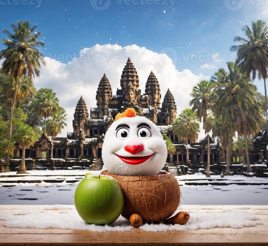 ai généré noix de coco avec bonhomme de neige dans de face de angkor quoi, Cambodge photo