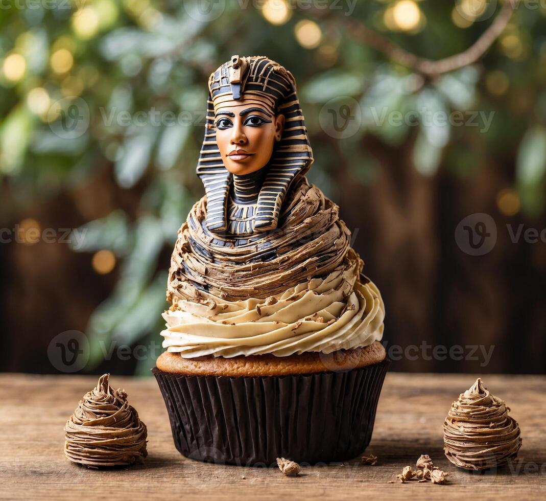 ai généré petit gâteau avec égyptien Dieu pharaon sur en bois table photo