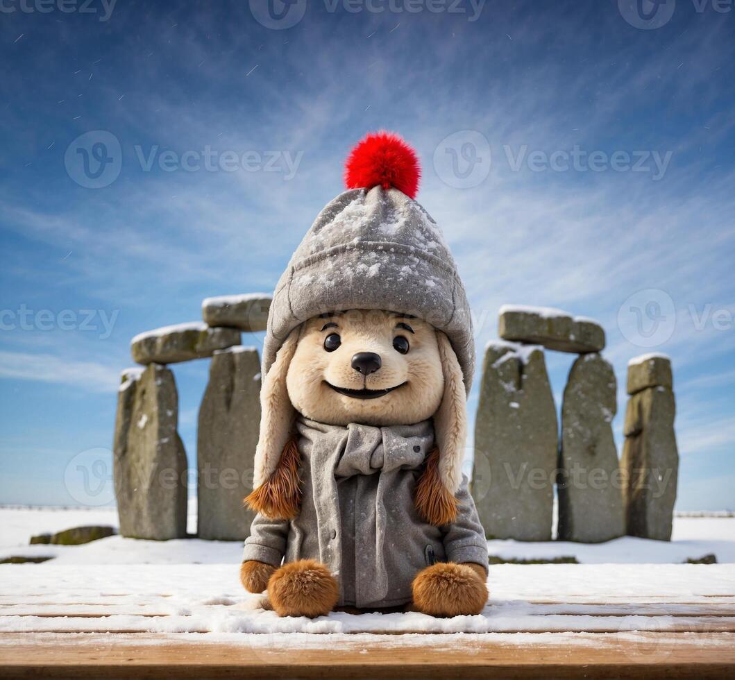 ai généré mignonne chien dans chapeau et écharpe séance sur neige avec stonehenge dans Contexte photo