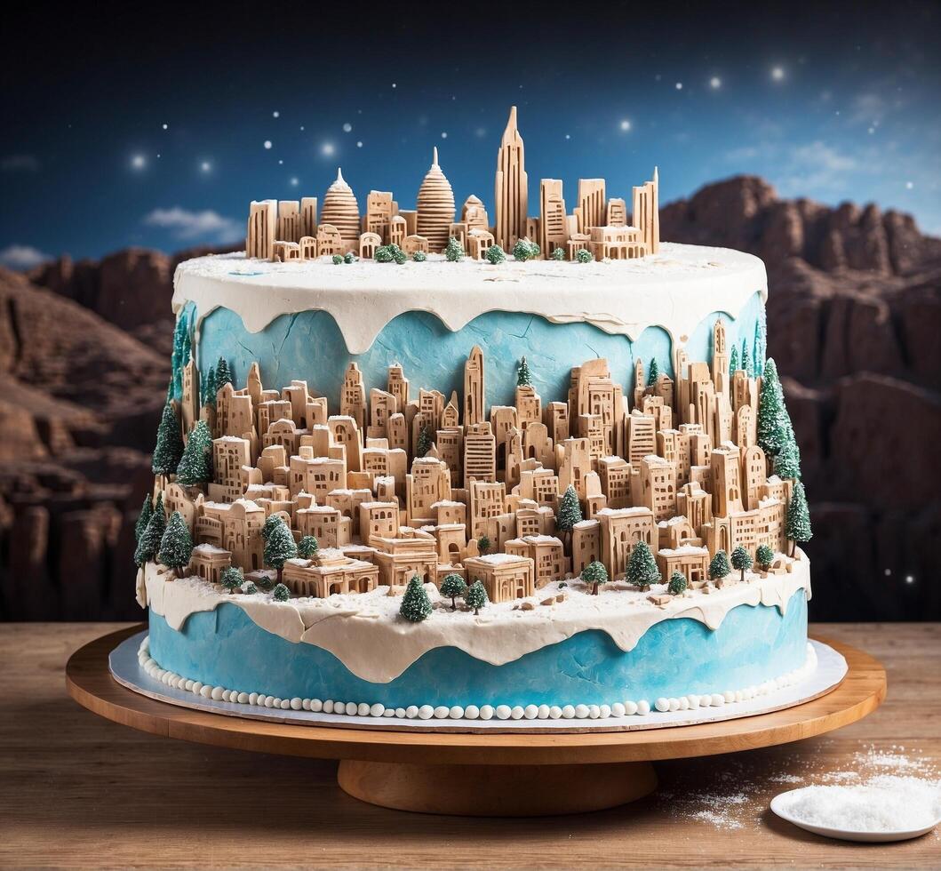 ai généré Conte de fée ville sur une bleu gâteau. 3d le rendu photo