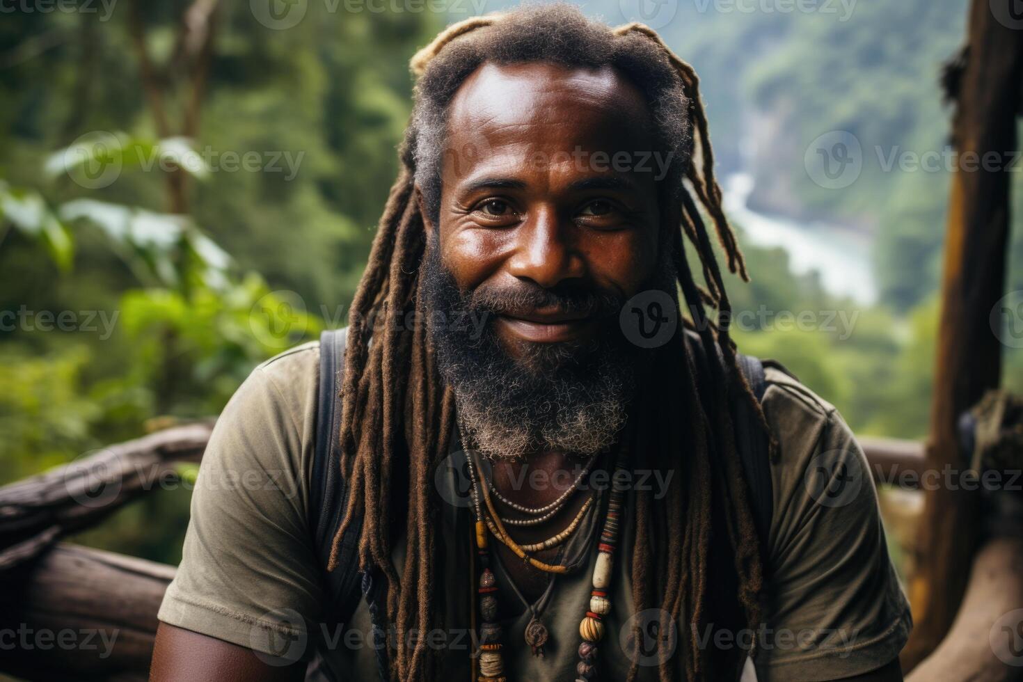 ai généré portrait de une de bonne humeur voyageur contre le Contexte de la nature photo