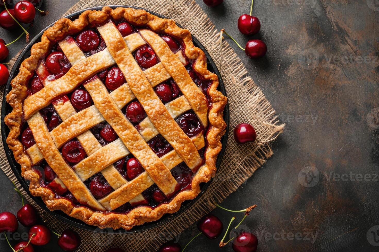 ai généré fait maison Cerise tarte sur rustique Contexte. photo