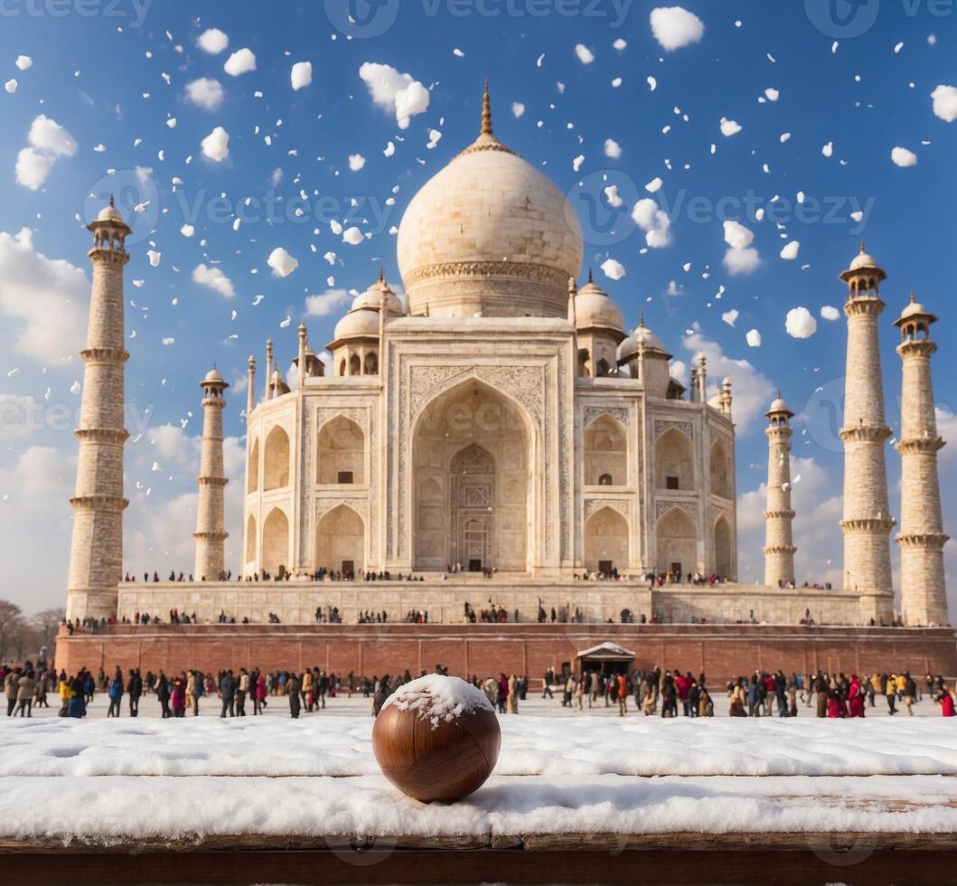 ai généré taj mahal dans agra, uttar pradesh, Inde avec Balle et chute de neige photo
