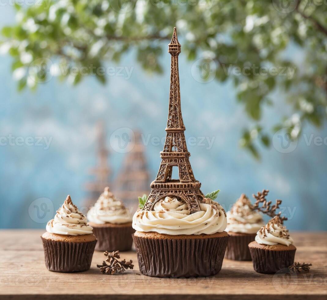 ai généré Chocolat petits gâteaux avec Eiffel la tour sur en bois Contexte. photo