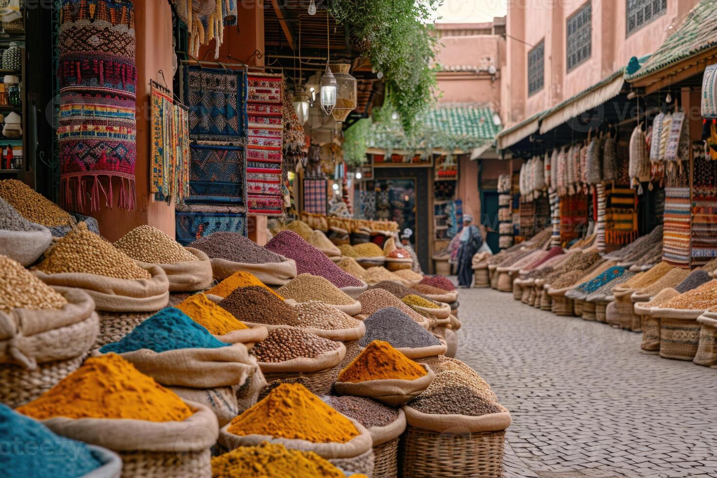 ai généré une coloré et caractéristique bazar de parfumé épices. Maroc, Marrakech photo