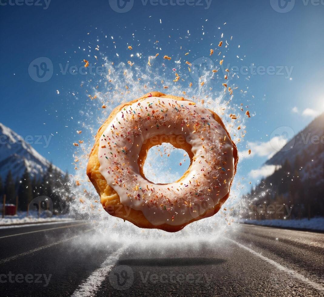 ai généré en volant Donut contre le Contexte de le route et le ciel. photo